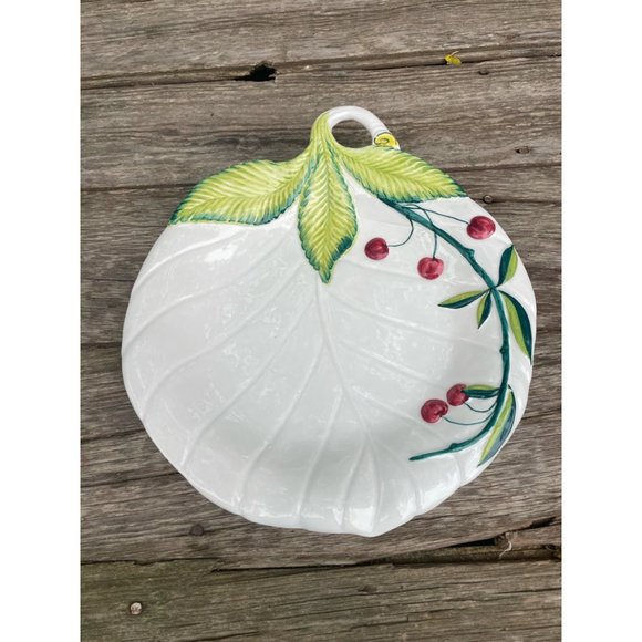 Vintage Italy Ceramic Serving Plate Leaf Shape & Cherries - Picture 1 of 12